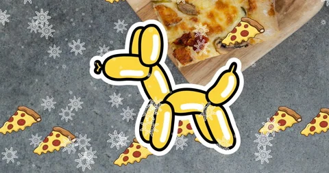 Animation of balloons forming dog, falling pizza slices and snowflakes over Stock Footage 315837399