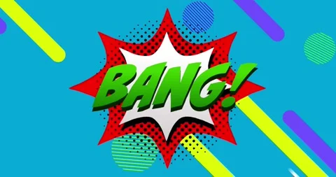 Animation of bang text on retro speech bubble over abstract shapes on blue Stock Footage 326098278