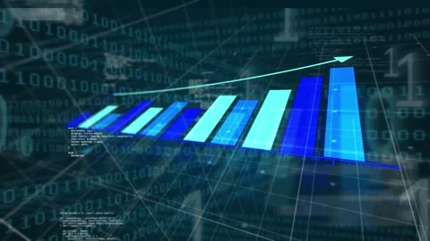 Animation of bar graph with arrow against binary codes, data processing on Stock Footage 328363064