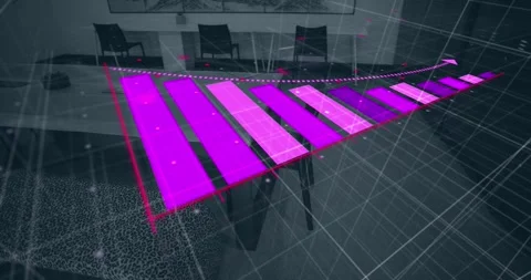 Animation of bar graph with arrow downgrading over empty chairs and tables Stock Footage 329782658