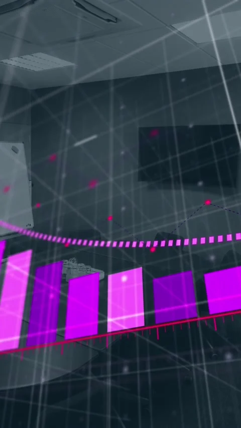 Animation of bar graph downgrading over empty chairs and table arranged in Stock Footage 320983824