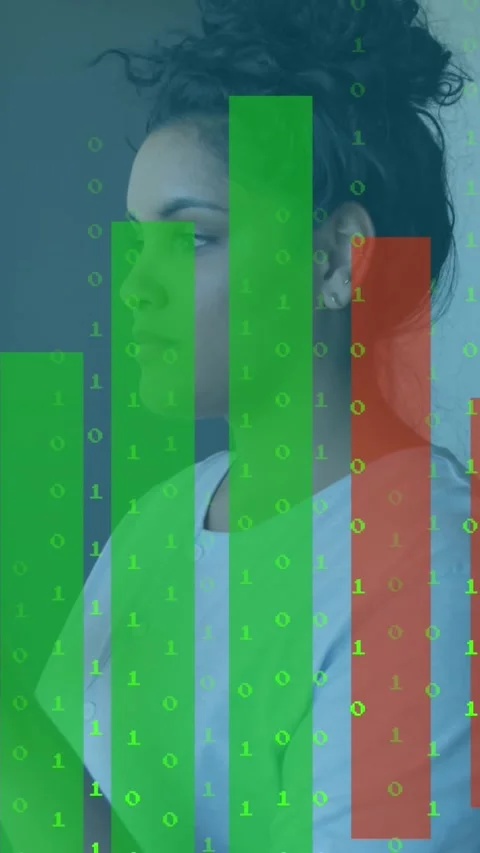 Animation of bar graph, falling binary codes over woman sticking notes on Stock Footage 319156358