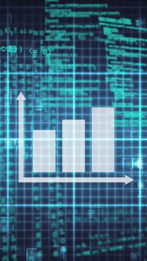 Animation of bar graph icon and heart rate monitor against data processing on Stock Footage 322084064