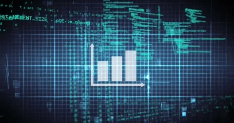 Animation of bar graph icon and heart rate monitor against data processing on Stock Footage 329417920