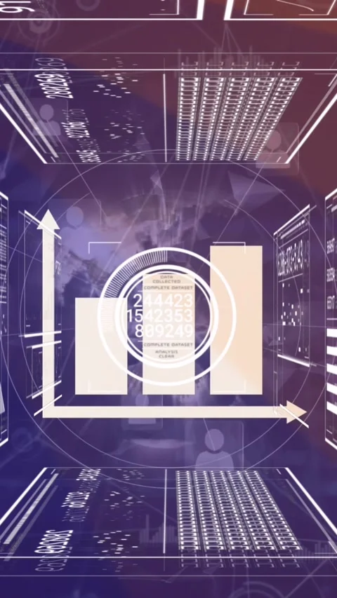 Animation of bar graph icon over interface with data processing against network Vídeos de archivo 321381659