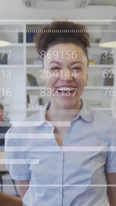 Animation of bar graph, loading bars and changing number, smiling woman standing Stock Footage 344693596
