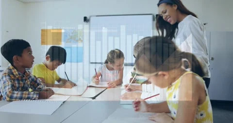 Animation of bar graph over female teacher assisting multiracial students Stock Footage 330294560