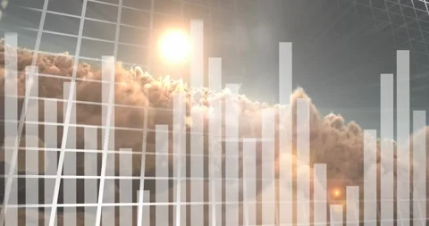 Animation of bar graph over grid pattern and dense clouds against sun in sky Stock Footage 246588905