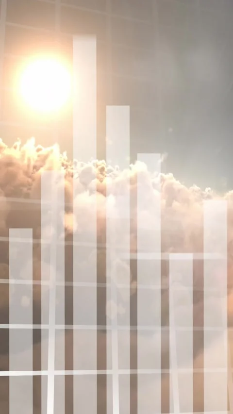 Animation of bar graph over grid pattern and dense clouds against sun in sky Stock Footage 344557539
