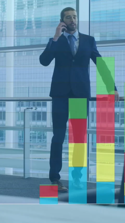 Animation of bar graph over man standing against glass window and talking on Stock Footage 320811571