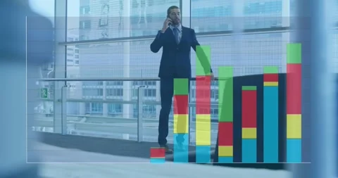 Animation of bar graph over man standing against glass window and talking on Stock Footage 330251381