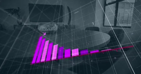 Animation of bar graph representing loss over empty chairs and table arranged in Stock Footage 326034636