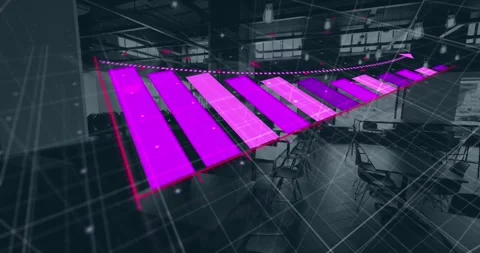 Animation of bar graph representing loss over empty chairs and tables arranged Stock Footage 329699445