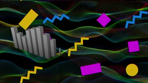Animation of bar graph, squares, circles, rectangle and zigzag pattern over Stock Footage 260974797