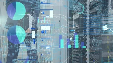 Animation of bar graphs and pie charts with microprocessor zooming against Vídeo Stock 202076158
