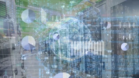 Animation of bar graphs and pie charts zooming with programing codes and circle 스톡 동영상 330661748