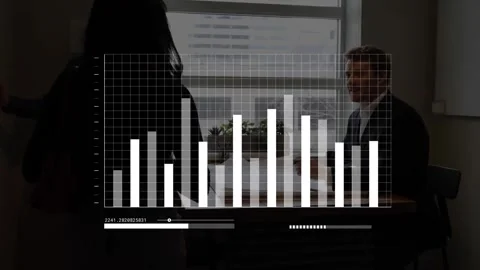 Animation of bar graphs on grid pattern over diverse coworkers sharing ideas in Video stock 247260310