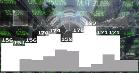 Animation of bar graphs over round scanner and stock market data processing Stock Footage 328145271