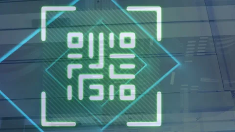 Animation of barcode scanner and glowing blue light trails against computer 스톡 동영상 314613748