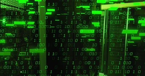Animation of bars and binary codes over illuminated data server racks in server Stock Footage 248822315