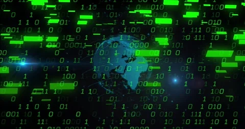 Animation of bars and binary codes with lens flares around globe over black Stock Footage 250382202