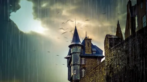 Animation bats, castle and rain Stock Footage 154393990
