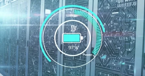 Animation of battery charge digital data processing over computer servers Video stock 327126454