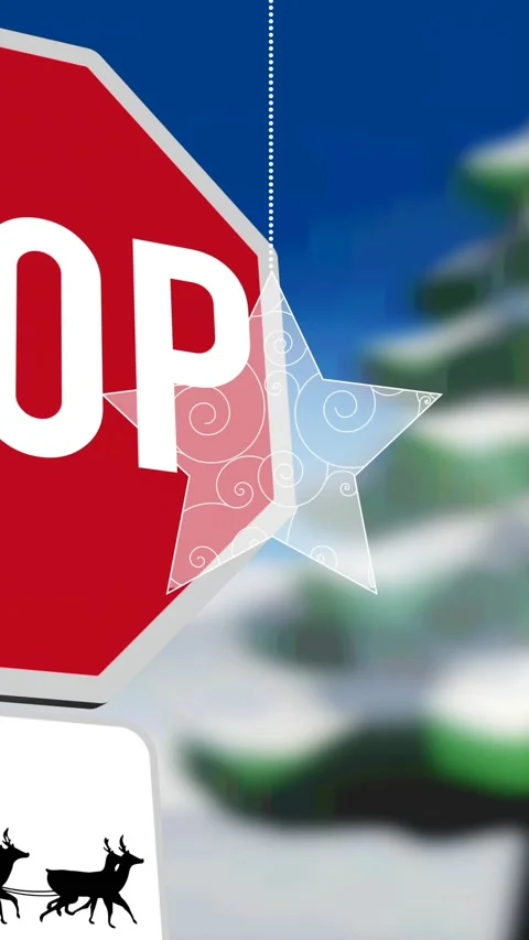 Animation of baubles over stop sign with santa claus in sleigh with reindeer in Stock Footage 344556729