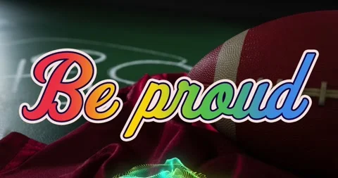 Animation of be proud text, abstract pattern over rugby ball, red cloth and game Stock Footage 328412818