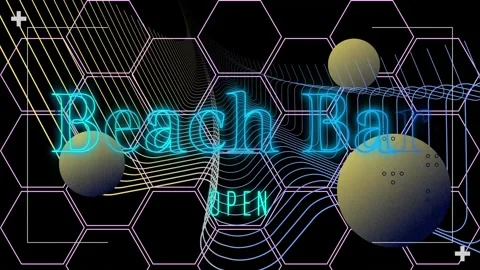 Animation of beach bar text in blue neon, spheres and parallel lines over lilac Video stock 165162257