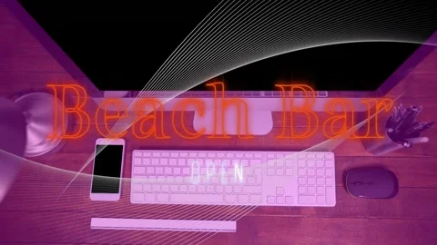 Animation of beach bar text in red neon with white parallel lines over computer Stock Footage 165162204