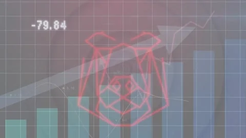 Animation of bear face over arrow on graph against changing numbers and graphs Video stock 248281099