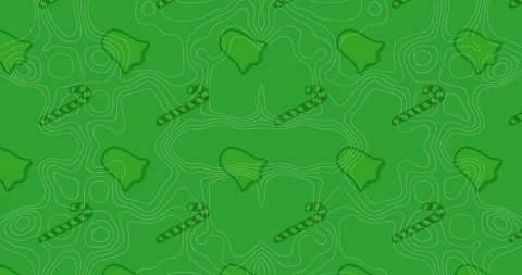 Animation of bell and candy cane icon in seamless pattern against topography on Stock Footage 325964503