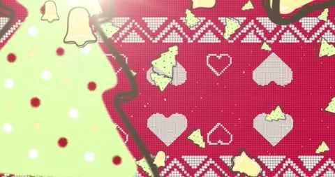 Animation of bells and trees falling over christmas pattern and decorations Stock Footage 328519794