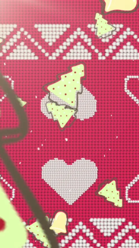 Animation of bells and trees falling over christmas pattern and decorations Stock Footage 344524663