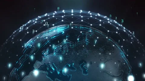 Animation of Big data 3d Earth hologram spinning with numbers flying around Stock Footage 146792176