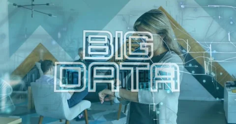 Animation of big data text and navigation pattern over caucasian woman using Stock Footage 327446244