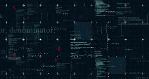 Animation of binary and text data processing over grid on black background Stock Footage 267073445