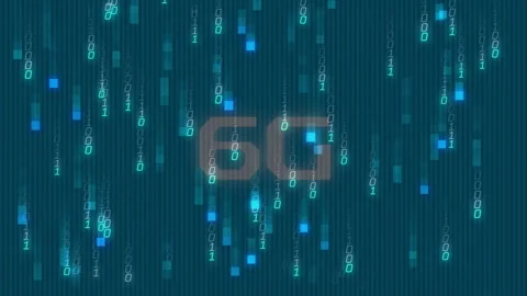 Animation of binary code and 6G text over digital data stream background Stock Footage 303563298
