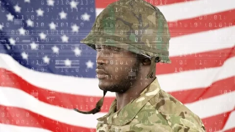 Animation of binary code and african american male soldier over flag of usa Stock Footage 326888646