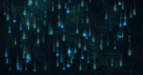 Animation of binary code and blue squares cascading over digital matrix Stock Footage 304764093