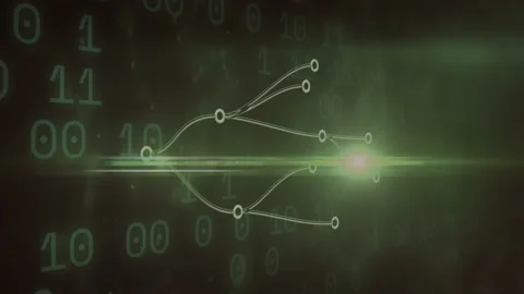 Animation of binary code and data flow lines on glowing green digital background Stock Footage 303468137