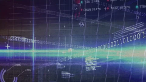 Animation of binary code and data graphics overlaying soccer field with ball Stock Footage 305488387