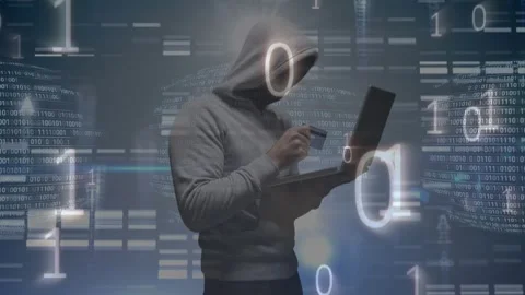 Animation of binary code and data processing over hacker using laptop Stock Footage 328407150