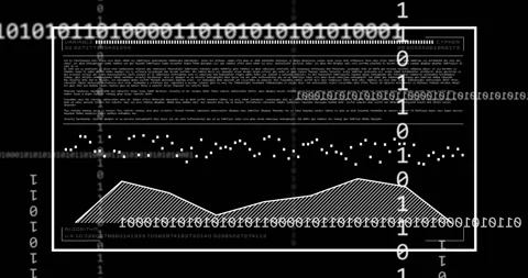 Animation of binary code and data graphs with algorithm text on black background Stock Footage 328974792