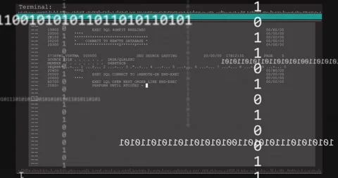 Animation of binary code and database commands on screen with technical Stock Footage 306200583