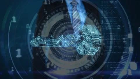 Animation of binary code and digital key over hands of caucasian businessman 스톡 동영상 172267409