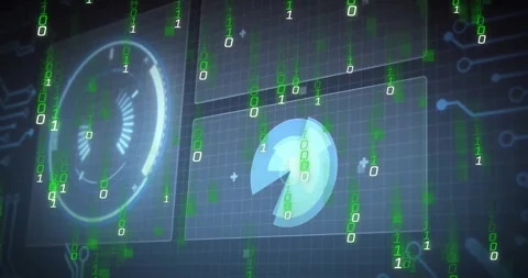 Animation of binary code and digital interface over futuristic technology Video stock 304077940