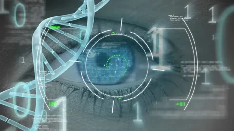 Animation of binary code and diverse data over dna chain and female eye Video stock 172242764