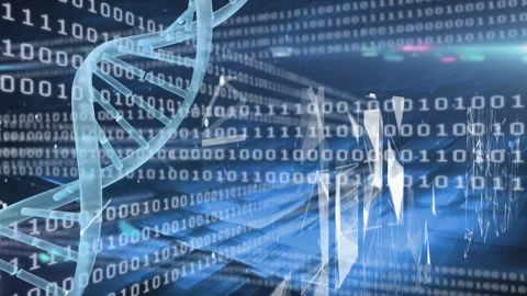 Animation of binary code and dna on navy background Video stock 327845583